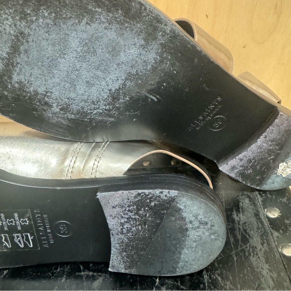 All Saints Leather Pewter Webber Flat Sandals Metallic Size EU 39 - Picture 15 of 16